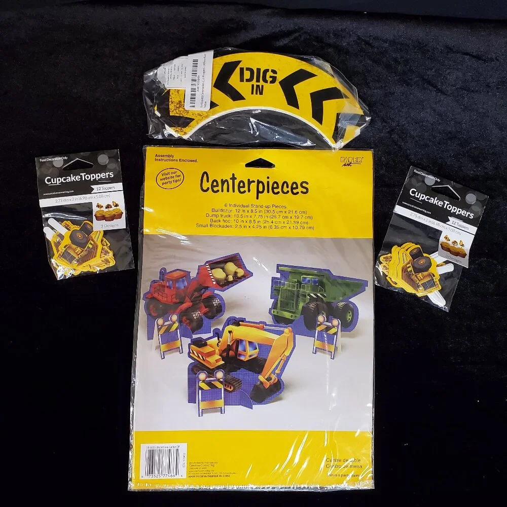 NWT Construction Birthday Party Supplies Centerpiece Cupcake Toppers Wrappers